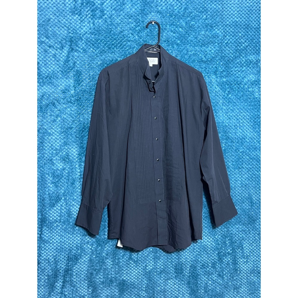 Vintage Formal Black Pleated Tuxedo Shirt Temtex Bib Band Collar Mens
